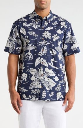 Kahala E Kipa Mai Print Cotton Short Sleeve Button-Down Shirt in Navy at Nordstrom, Size Medium