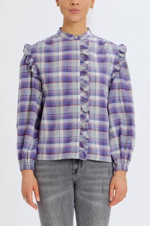 Something Navy Flannel Plaid Ruffle Shirt In Purple Combo