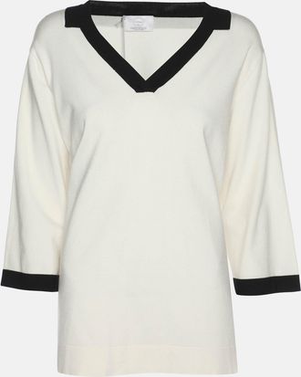 424 Marina Rinaldi Cream Jersey Contrast Trim V Neck Sweater