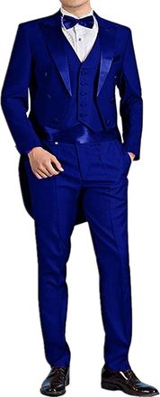 Frank Mens Tailcoat Formal Slim Fit 3-Piece Suit Dinner Jacket Swallow-Tailed Coat Waistcoat & Trousers Royal Blue