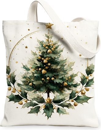 Generic Christmas Canvas Tote Bags, Elegant Holiday Tree Design Reusable Shopping Bags, Festive Eco-Friendly Lightweight Canvas for Gifts, Travel, Grocery 13x