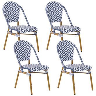 Beliani Conjunto De 4 Sillas De Jard&iacute;n Asiento De Rat&aacute;n Azul Y Negro Marco De Aluminio Conjunto De Interior Y Exterior Rifreddo