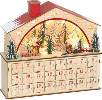 OEM Calendario De Adviento Para Rellenar De Madera Con Luces Led 24 Cajones Y Escena De Pueblo 36x10x34 Cm Natural