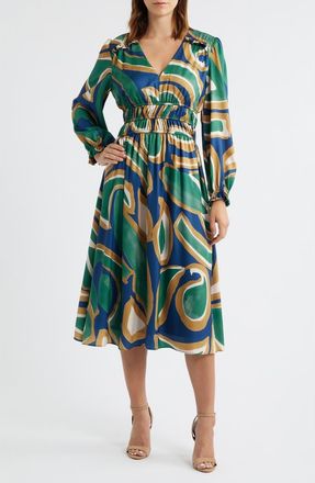 Julia Jordan Abstract Print Long Sleeve Midi Dress in Green Multi at Nordstrom, Size 14