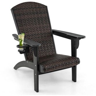 Costway Sedia Adirondack da Giardino, Sedia da Lounge HDPE con Sedile e Schienale Imbottiti in Rattan, Porta Tazza Nascosto, Poltrona per Esterno