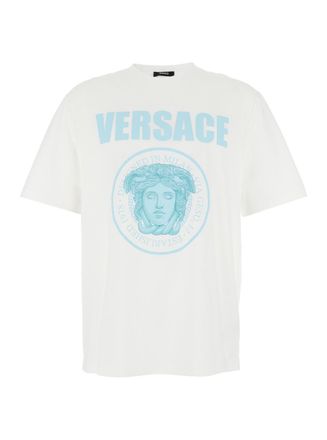 Versace White Crewneck T-Shirt With Maxi Logo Print On The Front In Cotton Man