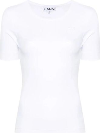 Ganni Geribbeld Logo T-shirt - Dames - T-shirts - Wit - S - Katoen - Tops