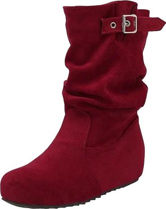Generic Womens Leisure Mid Calf Boots Round Toe Hidden Wedge Heel Slip On Design With Pleated Detail And Buckle Accent