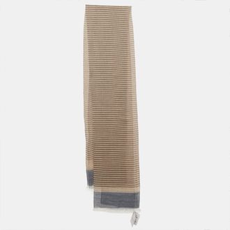 Ferragamo Beige Striped Printed Cotton Fringed Scarf