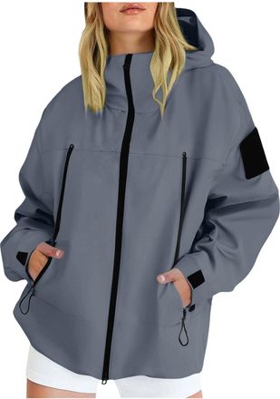 Generic Women Lightweight Waterproof Jackets Hooded Rain Coats with Zip Pockets Functional Softshell Outdoor Windbreaker Sports Jacket Loose Windproof Coat La