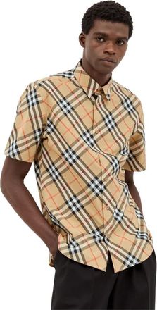 Burberry Klassiek Geruit Poplin Overhemd - Heren - Korte mouwen Overhemden - Beige - S - Katoen - Overhemden