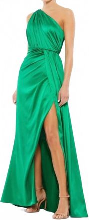 Mac Duggal Draped One Shoulder Satin Gown In Emerald Green