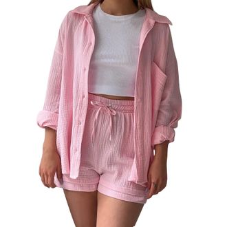 Generic Womens Summer 2 Piece Outfit Ladies Leisure Co Ord Sets Button Down Cotton Linen Shirt and Shorts with Pockets Lounge Set Tracksuit Y2K Aesthetic Clot