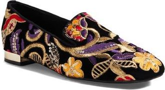 Django & Juliette Faires Embroidered Loafer in Black Embroidery Velvet at Nordstrom, Size 39