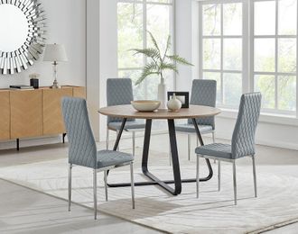 Furniturebox Santorini Brown Wood Contemporary Round Dining Table & 4 Milan Chairs Set in Grey