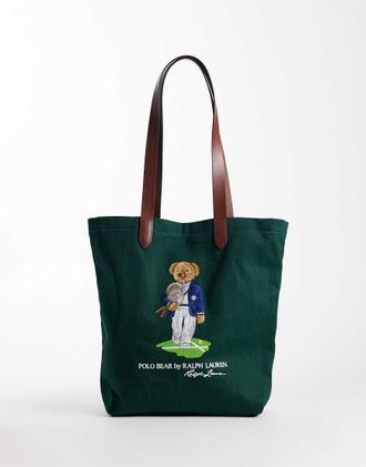 Polo Ralph Lauren Wimbledon Capsule - Borsa shopping media in tela verde con stampa di orso