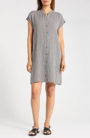 Eileen Fisher Gingham Cap Sleeve Organic Linen Shirtdress in Geyser at Nordstrom Rack, Size X-Large