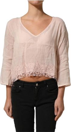 Pink Memories Blouse met V-hals en lange mouwen - Dames - Blouses - Roze - S - Katoen - Overhemden