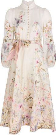 Zimmermann Rebellion Floral Belted Linen Midi Dress - Cream - 00 (UK 6 / XS)