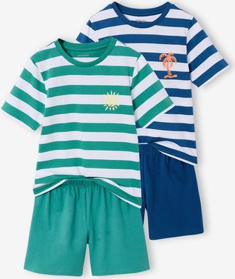 Vertbaudet 2er-Pack kurze gestreifte Schlafanz&uuml;ge, Recycling-Baumwolle, Kinder blau