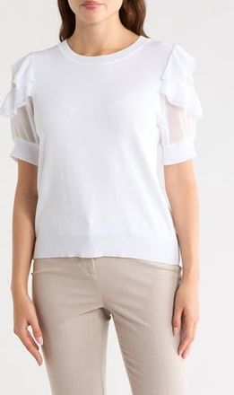 Nanette Lepore Ruffle Short Sleeve Mixed Media Sweater in White at Nordstrom Rack, Size X-Large