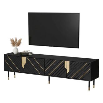 Dmora Mueble De Tv Seborga, Aparador De Sal&oacute;n Con Cuatro Puertas Batientes Y Cuatro Compartimentos Interiores, Elevado Del Suelo, 204x40 H55 Cm, Negro Y Dor