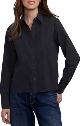 Foxcroft Jodie Pintuck Pleat Stretch Cotton Button-Up Shirt in Black at Nordstrom, Size X-Large