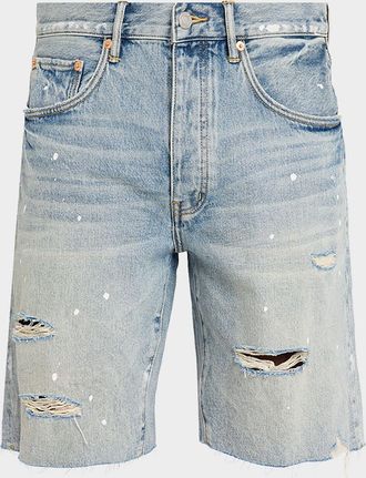 Purple Men & apos;s Painterly Distressed Denim Shorts