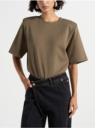 Mani&egrave;re De Voir Mia Wide Shoulder Bodysuit T-Shirt in Olive at Nordstrom, Size 10