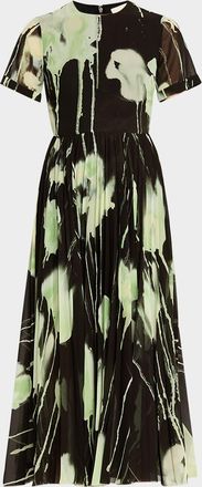 Jason Wu Pleated Watercolor-Print Midi Dress