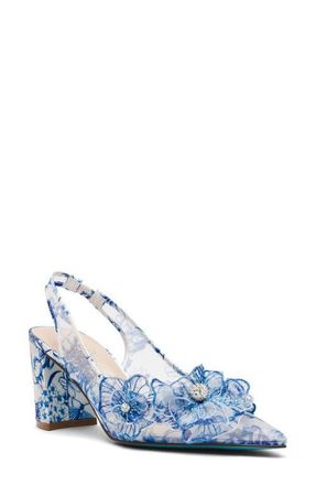 Betsey Johnson Petra Slingback Pointed Toe Pump in White/Blue Floral at Nordstrom, Size 8.5
