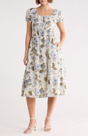 Melrose and Market Puff Sleeve Midi Dress in Ivory- Olive Jacobean Bloom at Nordstrom Rack, Size X-Small