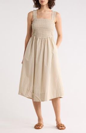 Ellen Tracy Smocked Cotton Poplin Fit & Flare Dress in Stone at Nordstrom Rack, Size Medium
