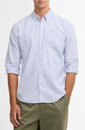 Barbour Nelson Tailored Fit Stripe Linen & Cotton Button-Down Shirt in Blue at Nordstrom, Size Xx-Large
