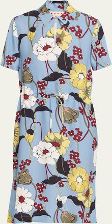 Marni Floral Short-Sleeve Drawstring Midi Dress