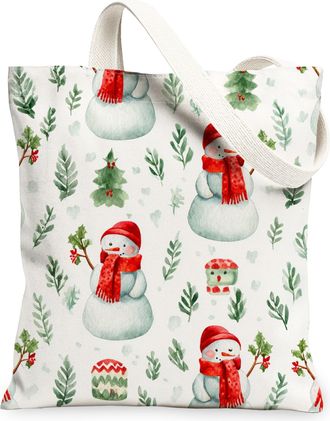 Generic Christmas Snow Man Canvas Tote Bags, Holiday Winter Pattern Reusable Grocery Bags, Vintage Lightweight Washable Shoulder St, White, 13x15 Inch