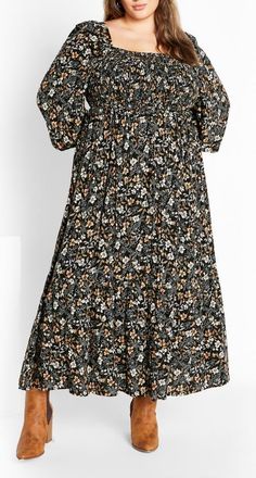 City Chic Avana Floral Long Sleeve Midi Dress in Ditsy at Nordstrom, Size Xxs