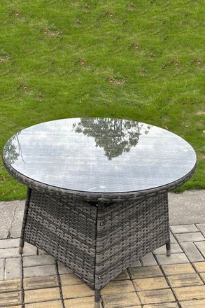 Fimous PE Rattan Round Dining Table With Clear Tempered Glass in Dark Grey