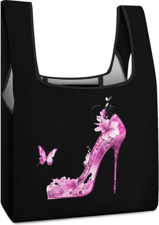 Generic High Heel Flower Butterfly Reusable Shopping Bags Lightweight Foldable Grocery Bag Polyester Washable Tote Bag
