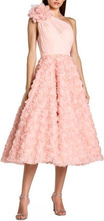 Mac Duggal Lace One Shoulder 3D Flower A Line Midi Dress in Blush at Nordstrom, Size 12