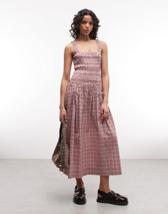Collusion Vestito midi arricciato con scollo squadrato rosa a quadri