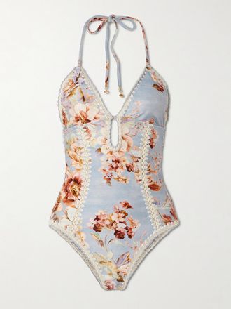 Zimmermann Costume Da Bagno Cut-out Floreale Con Finiture Crochet E Scollo Allamericana Awaken - Blu