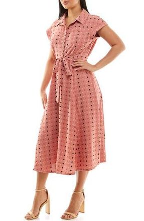 Nina Leonard Swiss Dot Cap Sleeve Midi Shirtdress in Salmon Multi at Nordstrom Rack, Size X-Large