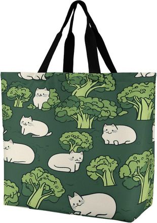 Generic Broccoli And Cat Large Reusable Shopping Bag Lightweight Foldable Tote Bags Washable Shoulder Handbag