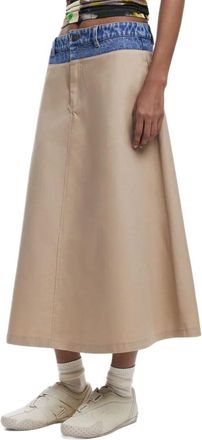Desigual Barcelo Long Flared Denim & Beige Hybrid Skirt 25SWFW12