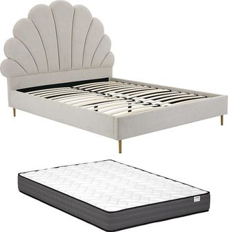 Vente-Unique Cama con cabecero de 140 x 190 cm - Tela - Beige + Colch&oacute;n - LIVAYA