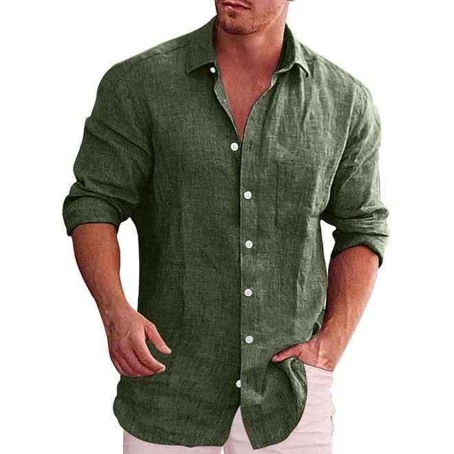 DENGJIAMY Mens Dress Shirts Mens Casual Plain Tee Long Sleeve Button Down Shirt Beach Vacation Collar Tops Summer Outfits for Men (Green, XXL)