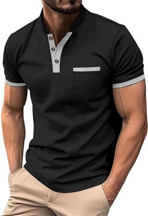 Generic Black T Shirt Men Summer Oversized Short Sleeve Solid Color Stylish Round Neck Henley Shirt with Pocket Button Down Casual Shirts Breathable Lighweigh