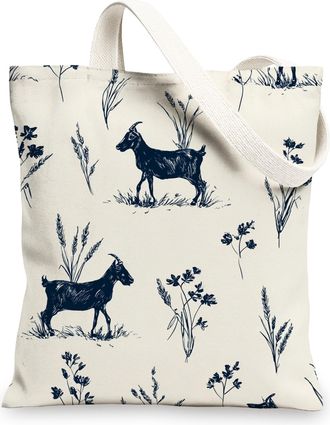 Generic Rustic Goat Canvas Tote Bags, Vintage Animal Print Reusable Grocery Bags, Lightweight Washable Shoulder Strap Canvas Bags for Gym Outdoor Travel Picni