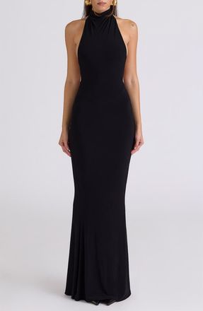 House of CB Sadira Draped Jersey Halter Mermaid Gown in Black at Nordstrom, Size X-Small